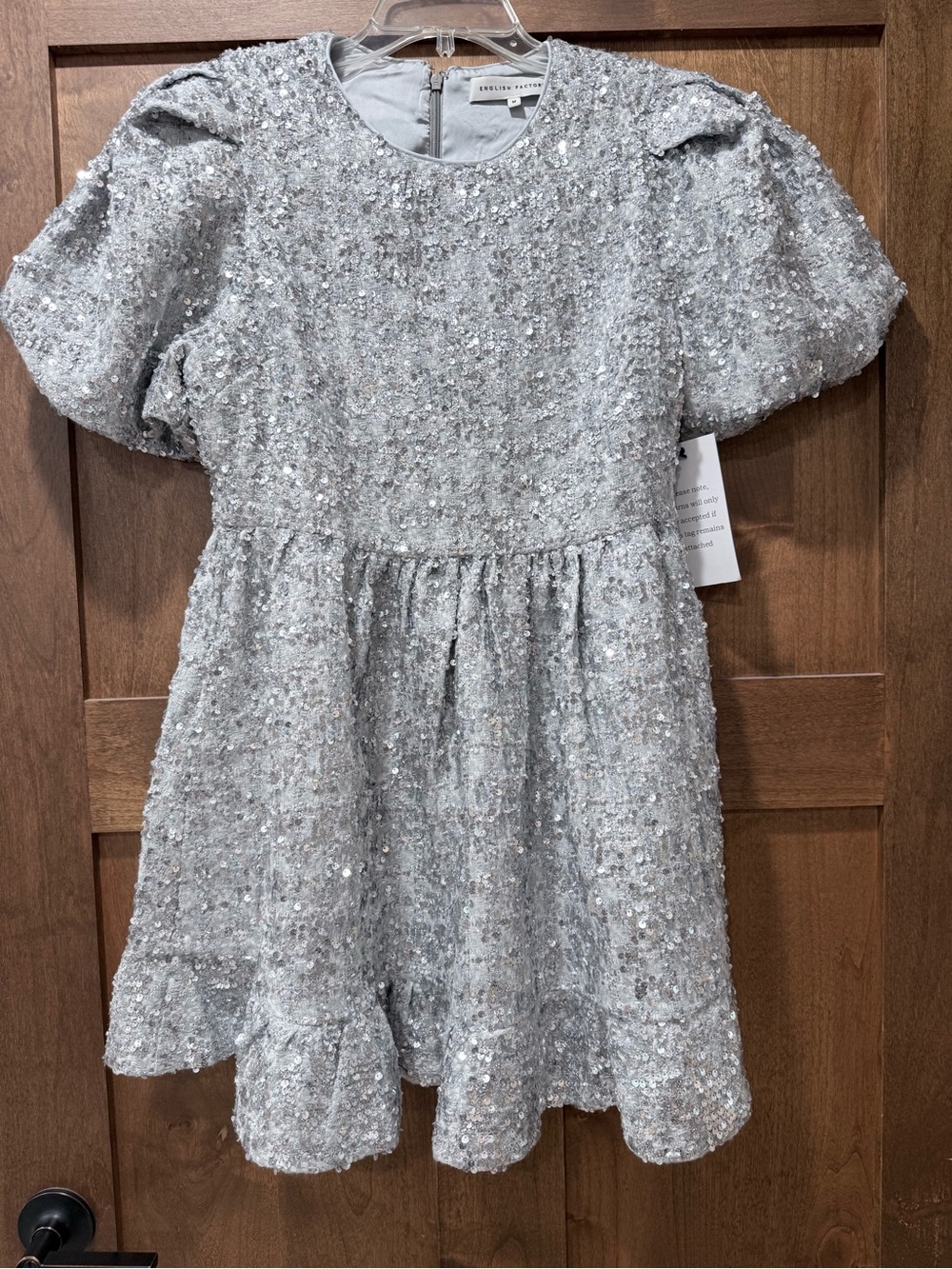 English Factory Silver Sequin Puff Sleeve Party Dress
